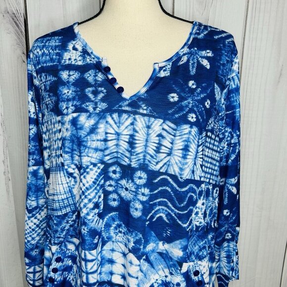Tango Mango Blue Patterned 3/4 Sleeve V-Neck Tunic Blouse Women's Sz L India - Picture 2 of 11